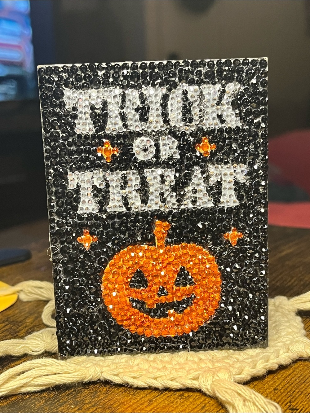 Hand Rhinestoned Trick or Treat Halloween Sign Pumpkin Wood Decor OOAK 3”x6”